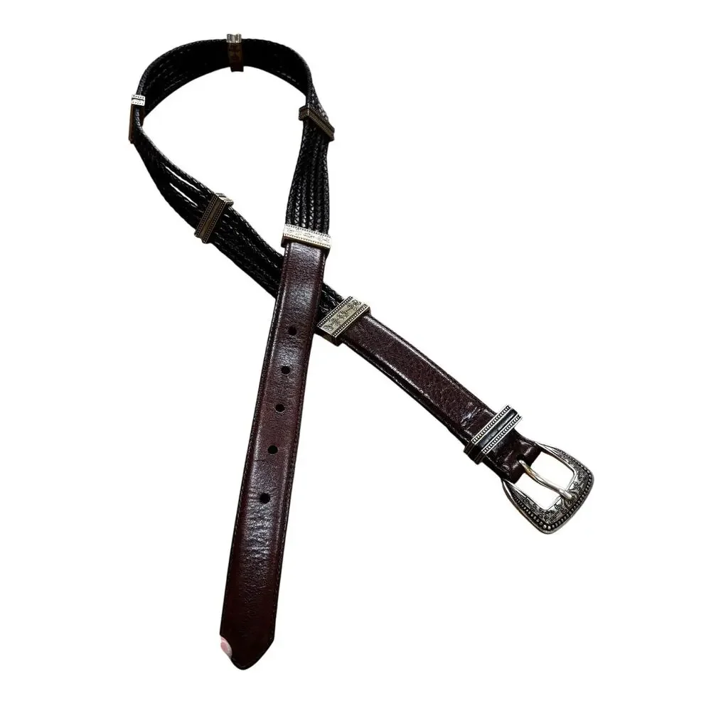Vintage Brighton ladies dark brown braided leather belt M/L 32 silver hardware